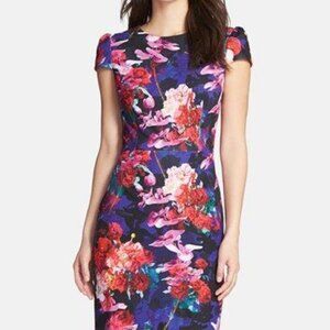 BETSEY JOHNSON Dark Floral Print Cap Sleeve Sheath Midi Dress EUC S6